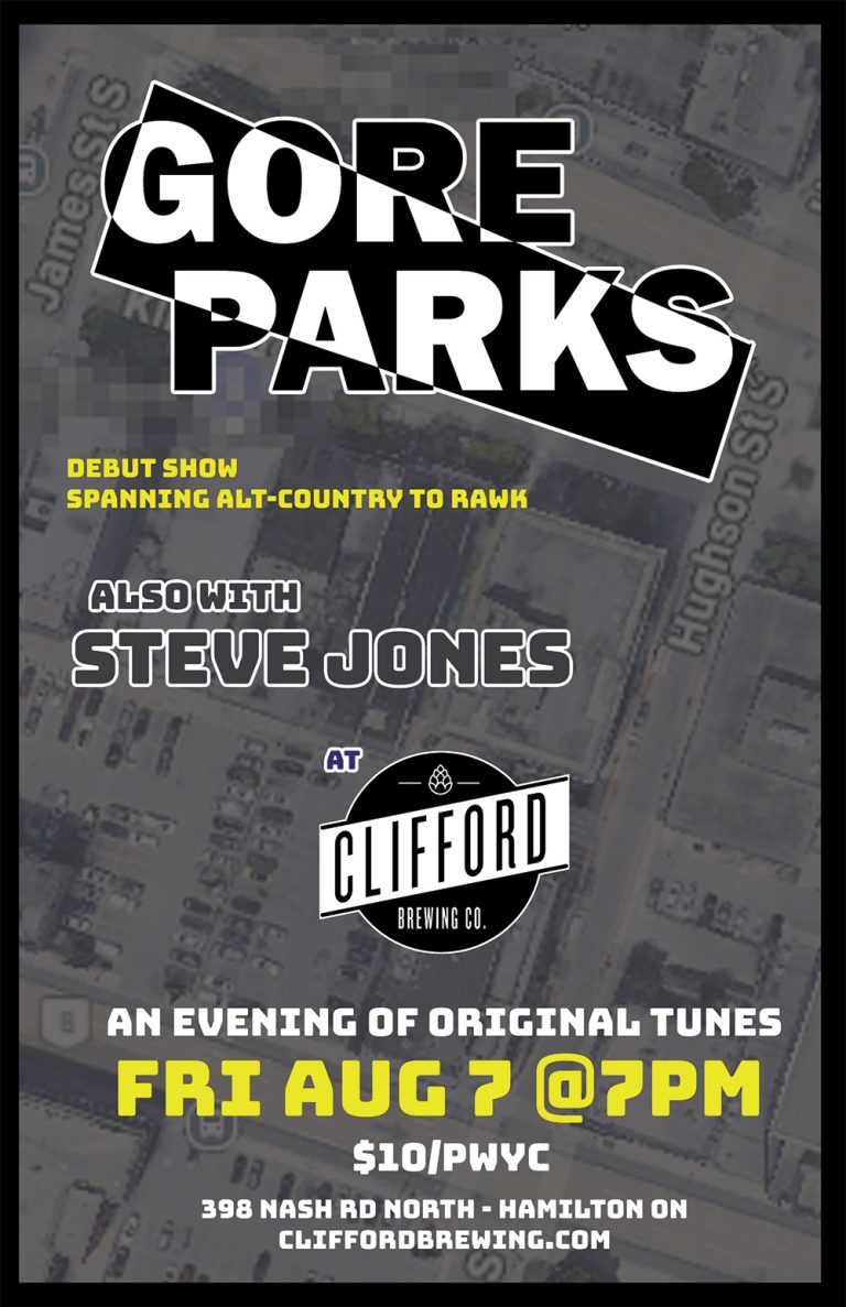 Gig poster for Gore Parks and Steve Jones Aug 7 2026 at Clifford Brewing